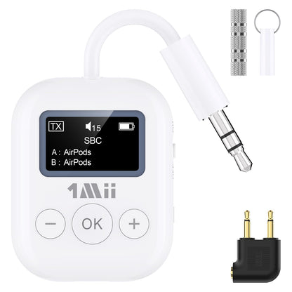 1Mii Bluetooth Transmitter for Airplane, Bluetooth 5.3 Adapter for TV,Airplane Travel Essentials, Aptx Low Latency Wireless Audio Aux for Headphones, Any 3.5mm Jack,Linking 2 Devices (White)