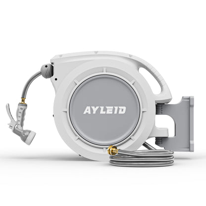 Ayleid Wall Mounted Retractable Hose Reel,1/2" x 100ft Garden Hose with 9- Function Sprayer Nozzle,Any-Length Lock,Auto Rewind & Slow Return System,180° Swivel Bracket (Grey)
