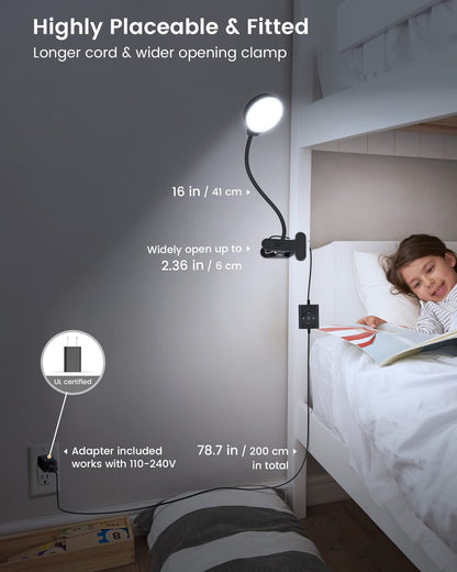 Glocusent 5W Clip on Light, 36LED Eye Caring Reading Light for Bed, 3 Colors & 5 Brightness Clip on Lamp with Adapter, Perfect Reading Light for Bed Lamp/Bunk Bed Light