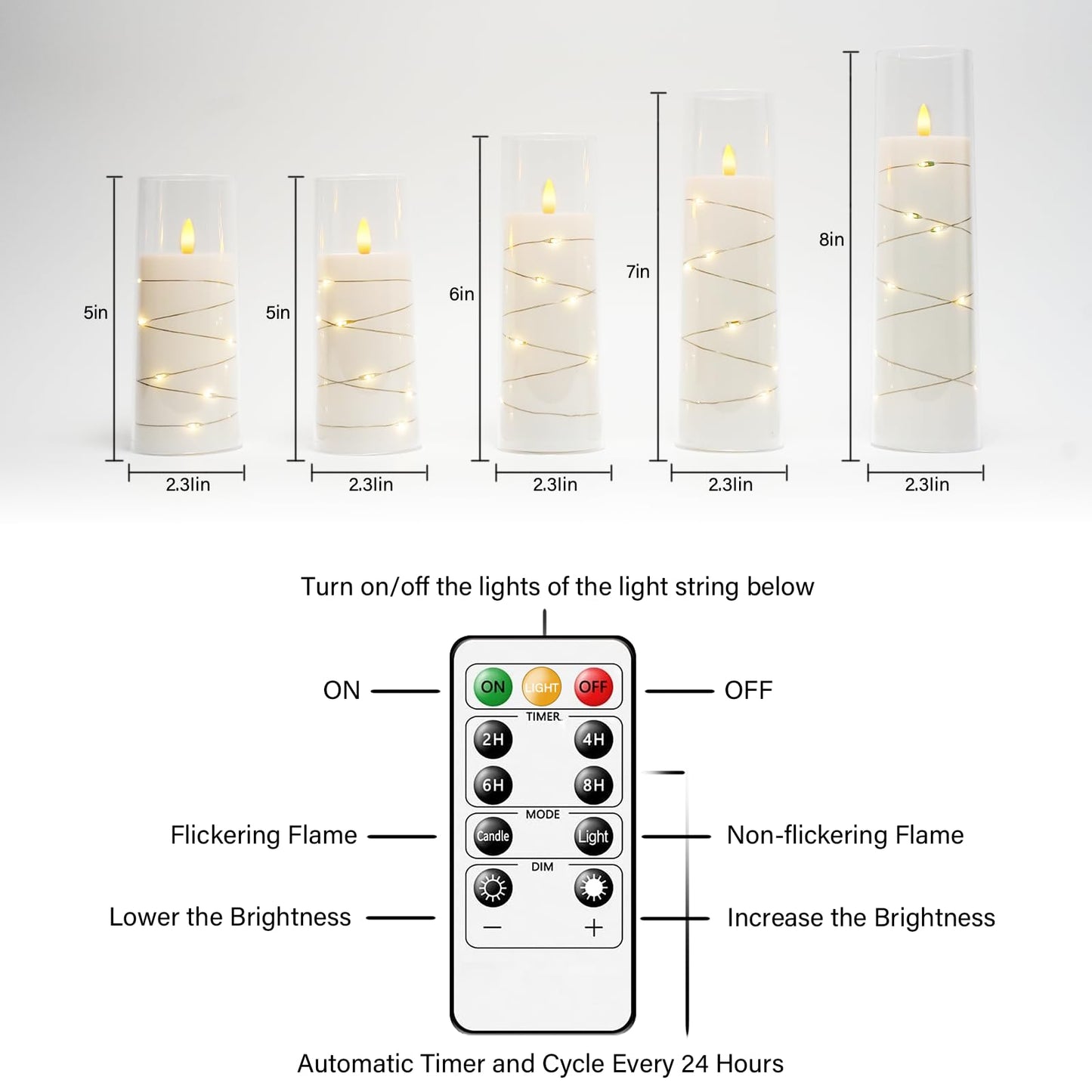 kakoya Flameless LED Candles with Timer 5 Pc Flickering Flameless Candles for Romantic Ambiance and Home Decoration Stable Acrylic Shell,with Embedded Star String，Battery Operated Candles（White）