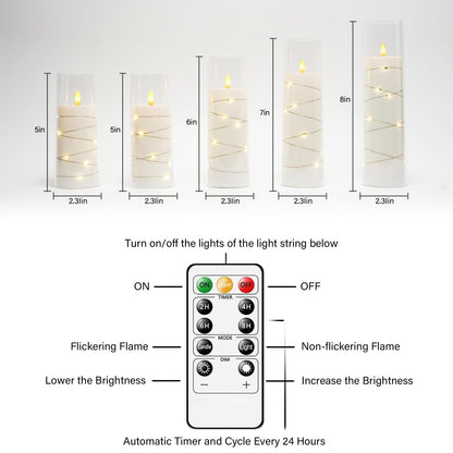 kakoya Flameless LED Candles with Timer 5 Pc Flickering Flameless Candles for Romantic Ambiance and Home Decoration Stable Acrylic Shell,with Embedded Star String，Battery Operated Candles（White）