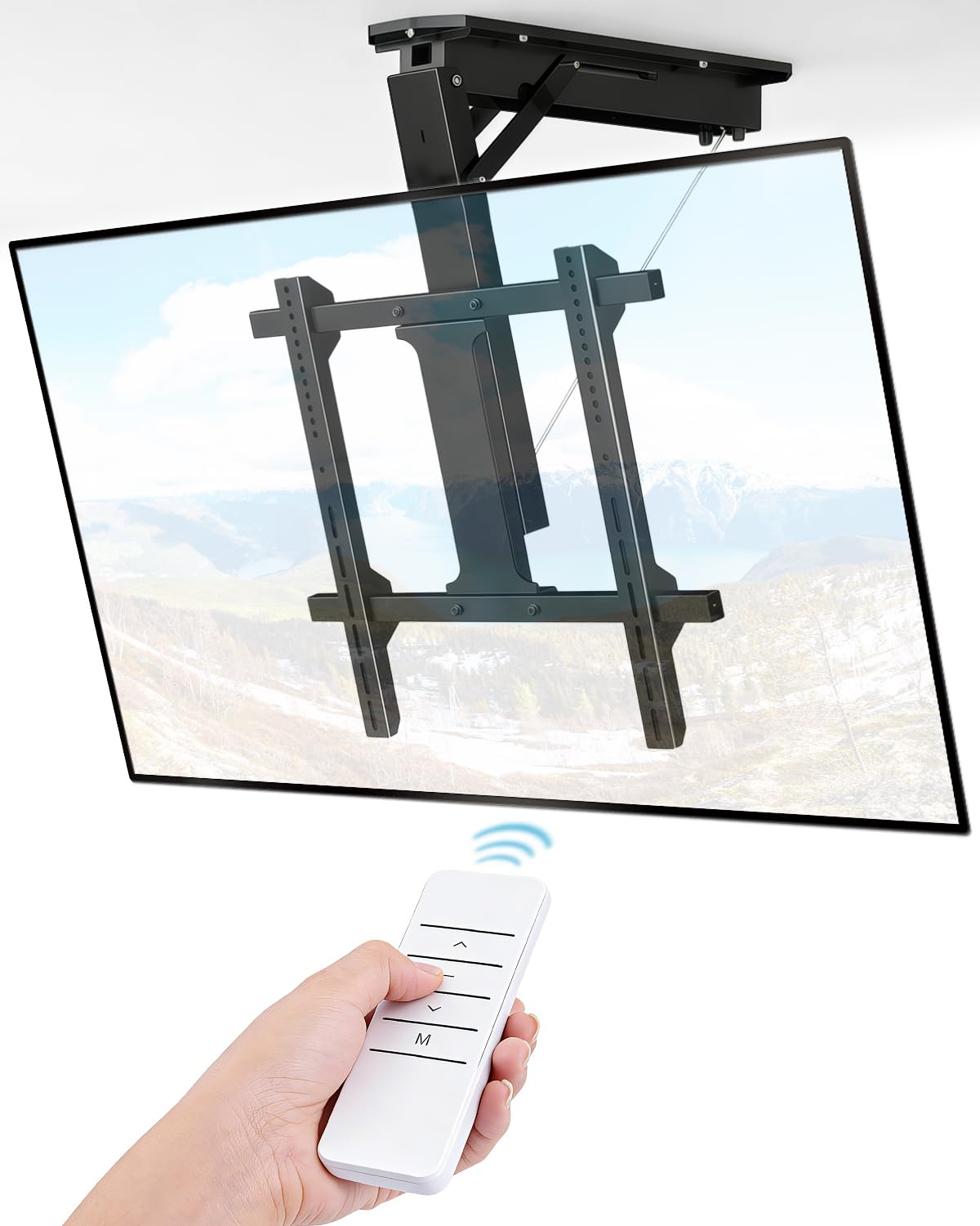 Electric Ceiling TV Mount with Remote - Motorized Ceiling TV Mount for Flat and Pitched Roof, 32 to 70 Inch Flat and Curved Screen TVs (Black)