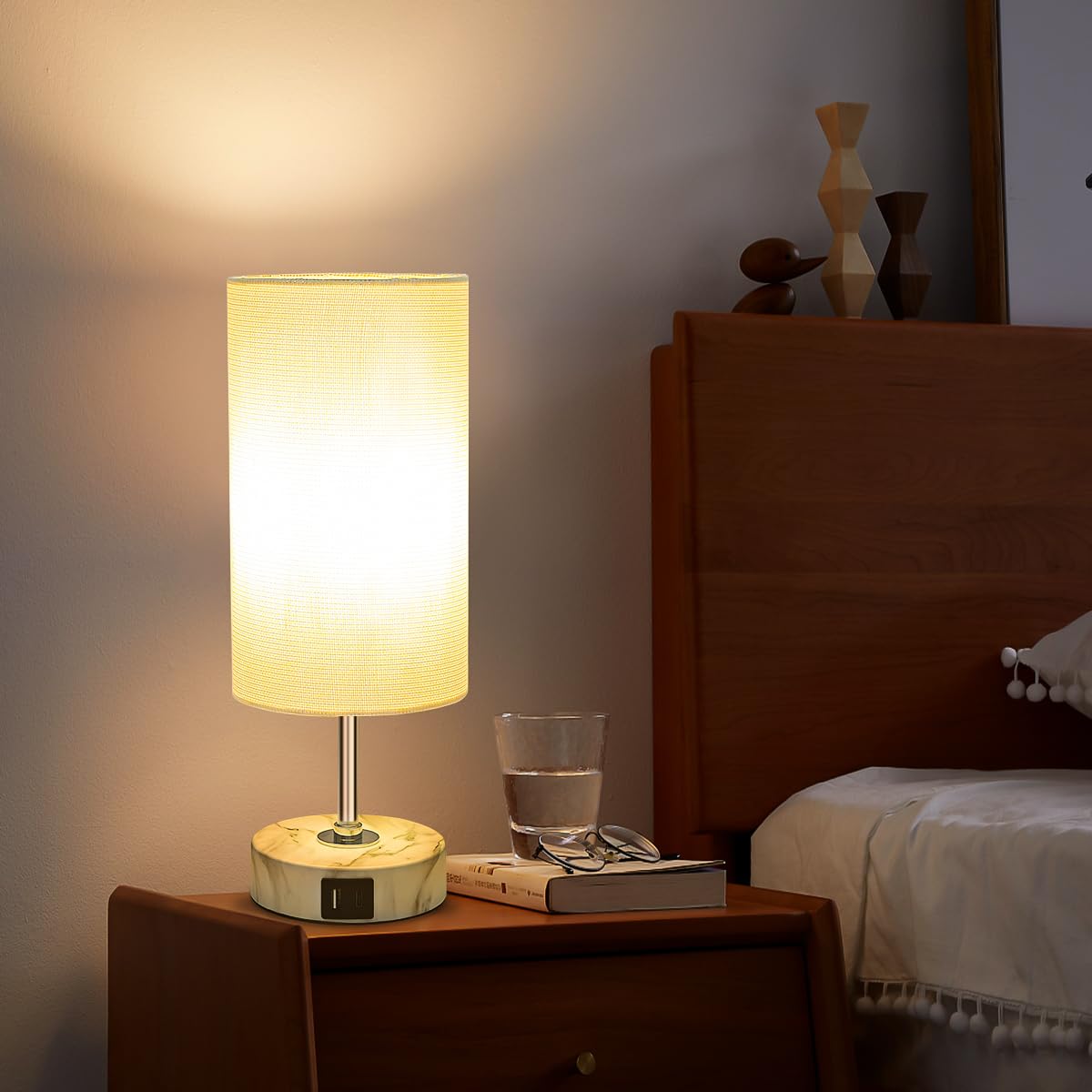 LuxeBeam 3-Way Dimmable Bedside Touch Lamp - USB-C and USB-A Ports, Faux Marble Base, White Shade with Silver Thread, Includes 8W LED Bulb for Bedroom, Living Room, Desk