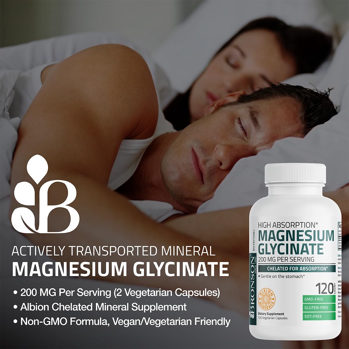 Bronson Magnesium Glycinate 200 MG per Serving Chelated for High Absorption, Gentle On Stomach, Non-GMO, 60 Vegetarian Capsules