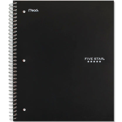 Five Star Spiral Notebook, 5 Subject, Wide Ruled Paper, Fights Ink Bleed, Water Resistant Cover, 8" x 10-1/2", 200 Sheets, Black (72045)