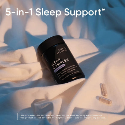 Sports Research® Sleep Complex- Melatonin-Free Vegan Capsules - with Valerian Root, GABA, L-Theanine, Magnesium & 5-HTP - 30 Servings