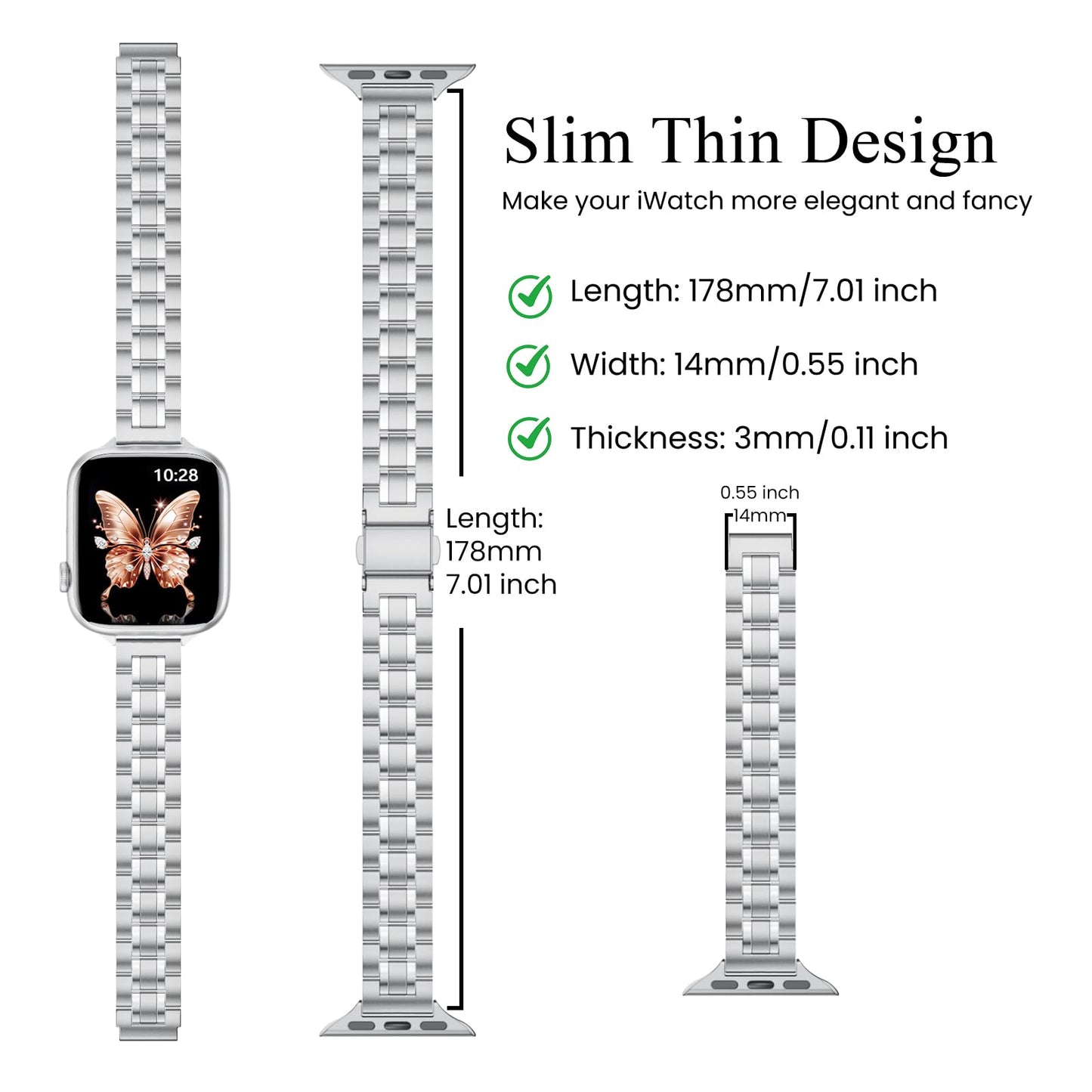 STIROLL Thin Replacement Band Compatible for Apple Watch 49mm 46mm 45mm 44mm 42mm(Series 3 2 1), Stainless Steel Metal Wristband Women Men for iWatch Ultra SE Series 11 10 9 8 7 6 5 4, Silver
