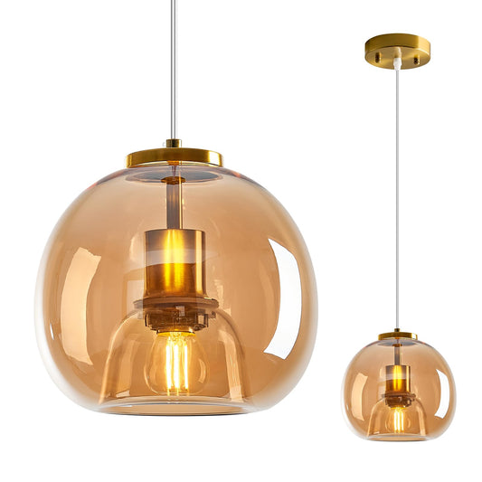 LBSQJ Amber Glass Pendant Lights Kitchen Island Gold Hanging Light Fixture Glass Globe Pendant Light Modern Pendant Lighting for Kitchen Island Bedroom Dining Room (7.87", 1 Pack)