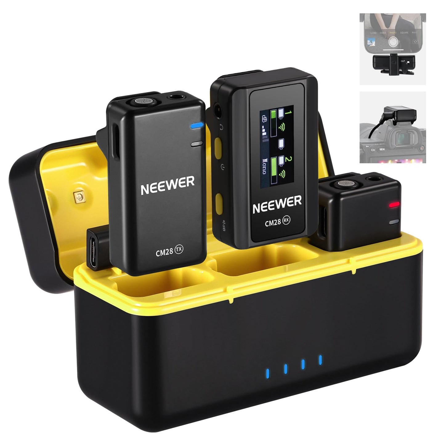 NEEWER CM28 Wireless Lavalier Microphone System with Charging Case Noise Canceling 4GB Storage 9Hrs Recording 48KHz 16 Bit Uncompressed Audio Lapel Mic Compatible with iPhone iPad Android PC Camera