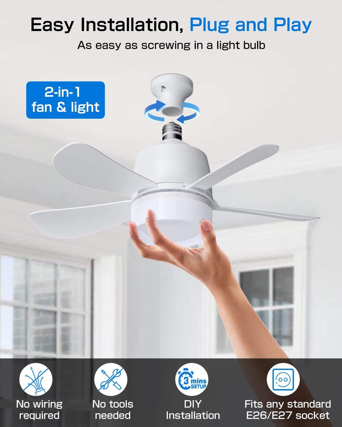 Eonini 2-in-1 Socket Fan Light with Remote, Small Ceiling Fans with Lights, 3 Colors Dimmable LED Light Bulb Fan, 1000LM, Easy Install Screw-in E26 Base for Bedroom Kitchen Garage Living Room