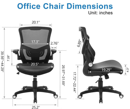 Office Chair Ergonomic Desk Chair, Computer PU Leather Home Office Chair, Swivel Mesh Back Adjustable Lumbar Support Flip-up Arms Executive Task Chair