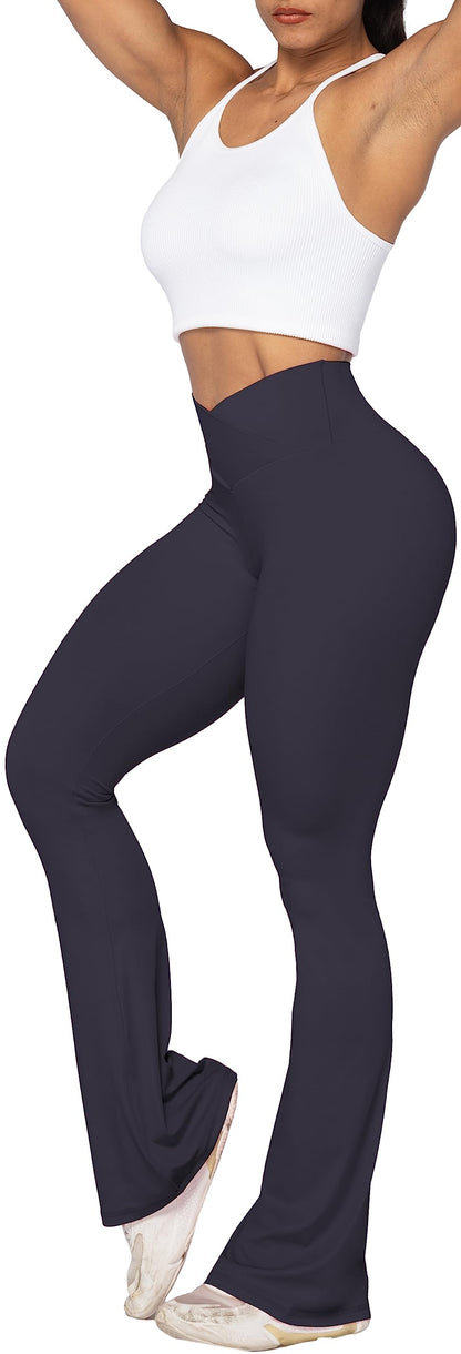 Sunzel Flare Leggings, Crossover Yoga Pants with Tummy Control, High-Waisted and Wide Leg, 30" Inseam, Graphite Small