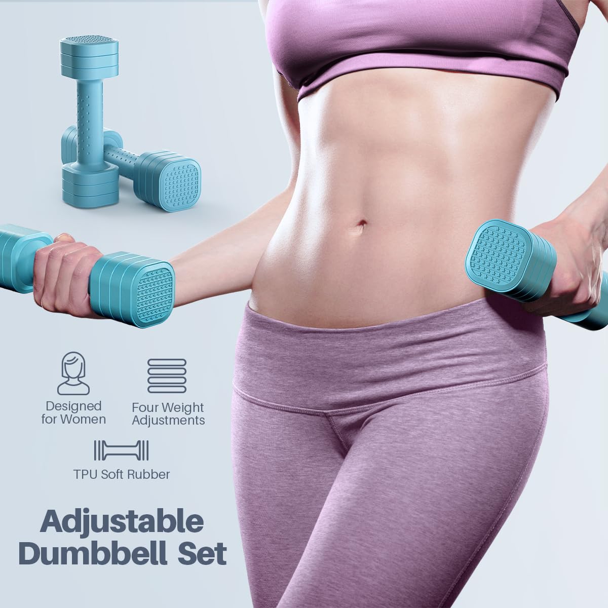 Adjustable Dumbbell Set of 2, 4 in 1 Free Weights Dumbbells Set for Women, 5lb Dumbbells Set of 2, Each 2lb 3lb 4lb 5lb with TPU Soft Rubber Handle for Home Gym Exercise Training Blue