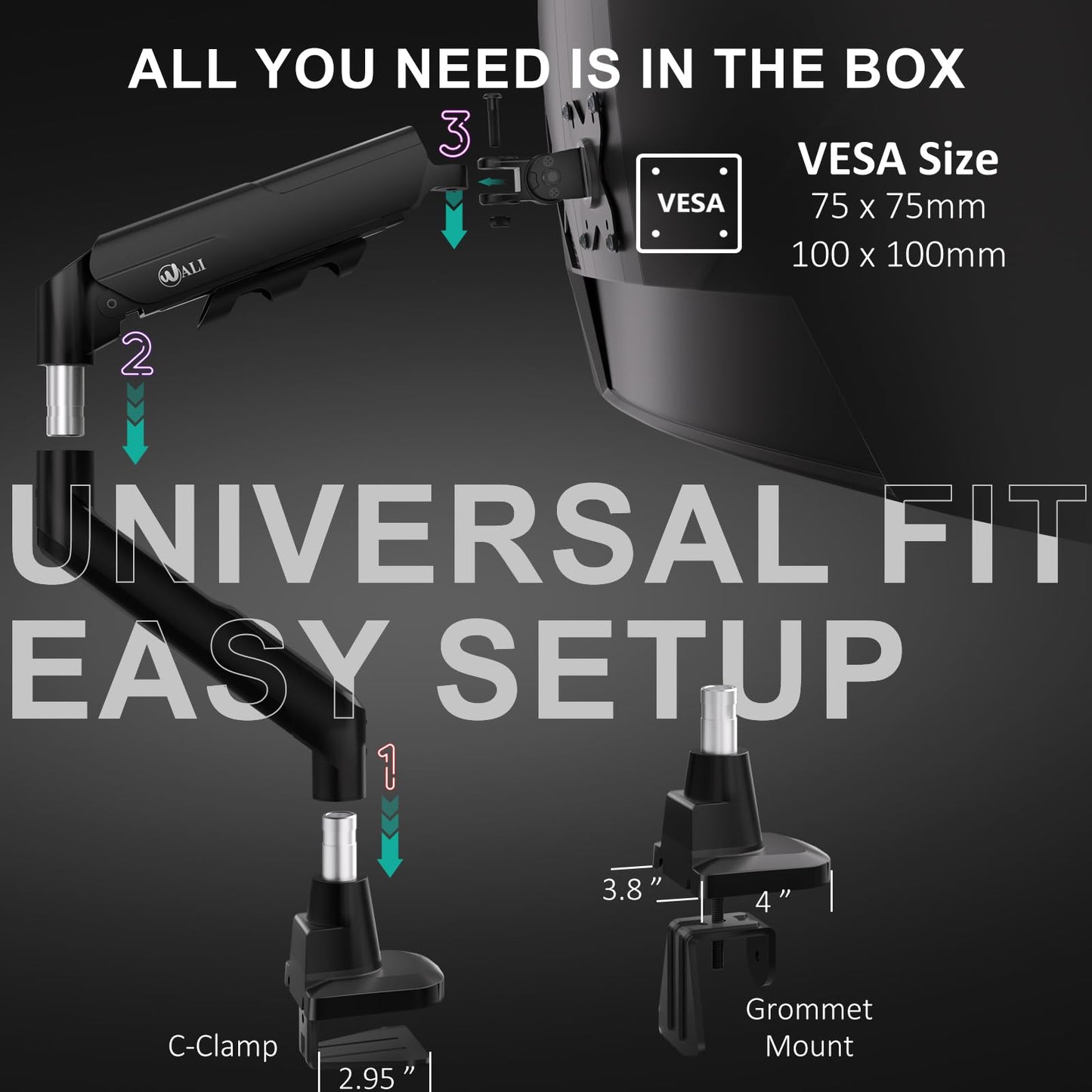 WALI Heavy Duty Single Monitor Arm for 17-49 Inch Flat Curved Ultrawide Screens, up to 33 Lbs, Adjustable Gas Spring Single Monitor Desk Mount for Home Office Gaming, VESA 75/100mm (GSM001XLN), Black