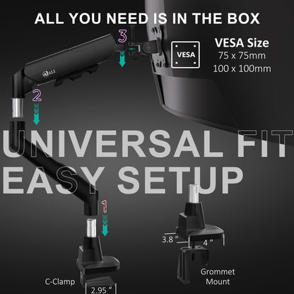 WALI Heavy Duty Single Monitor Arm for 17-49 Inch Flat Curved Ultrawide Screens, up to 33 Lbs, Adjustable Gas Spring Single Monitor Desk Mount for Home Office Gaming, VESA 75/100mm (GSM001XLN), Black