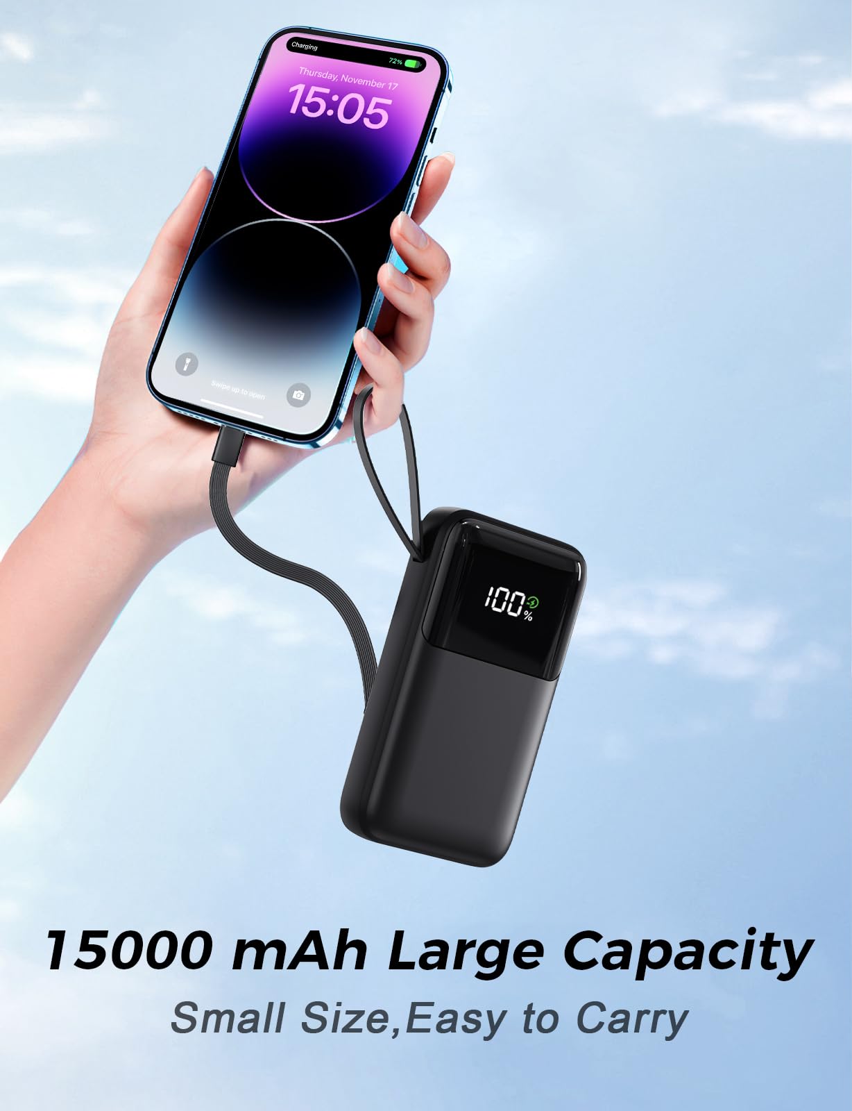 Portable Charger with Built in Cable, 15000mAh Power Bank, 22.5W Fast Charging, 6 Outputs, Slim Travel Essential Battery Pack with LED Display, Compatible with iPhone 16/15/14/13, Samsung, iPad, etc