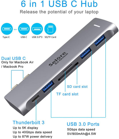 USB C Adapter for MacBook Pro/MacBook Air M1 M2 M3 2021 2020 2019 13" 15" 16", 6 in 1 USB-C Hub MacBook Pro Accessories with 3 USB 3.0 Ports,USB C to SD/TF Card Reader and 100W Thunderbolt 3 PD Port