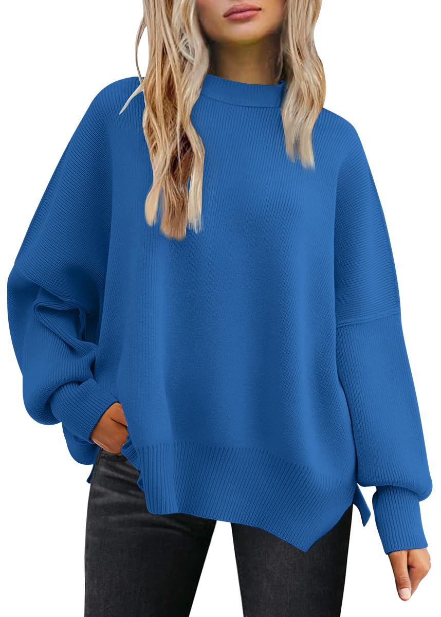 LILLUSORY Oversized Sweaters for Women 2025 Fall Fashion Outfits Trendy Crewneck Knit Cute Lightweight Sweater Pullover Tops Long Sleeve Shirts Winter Clothes Blue M