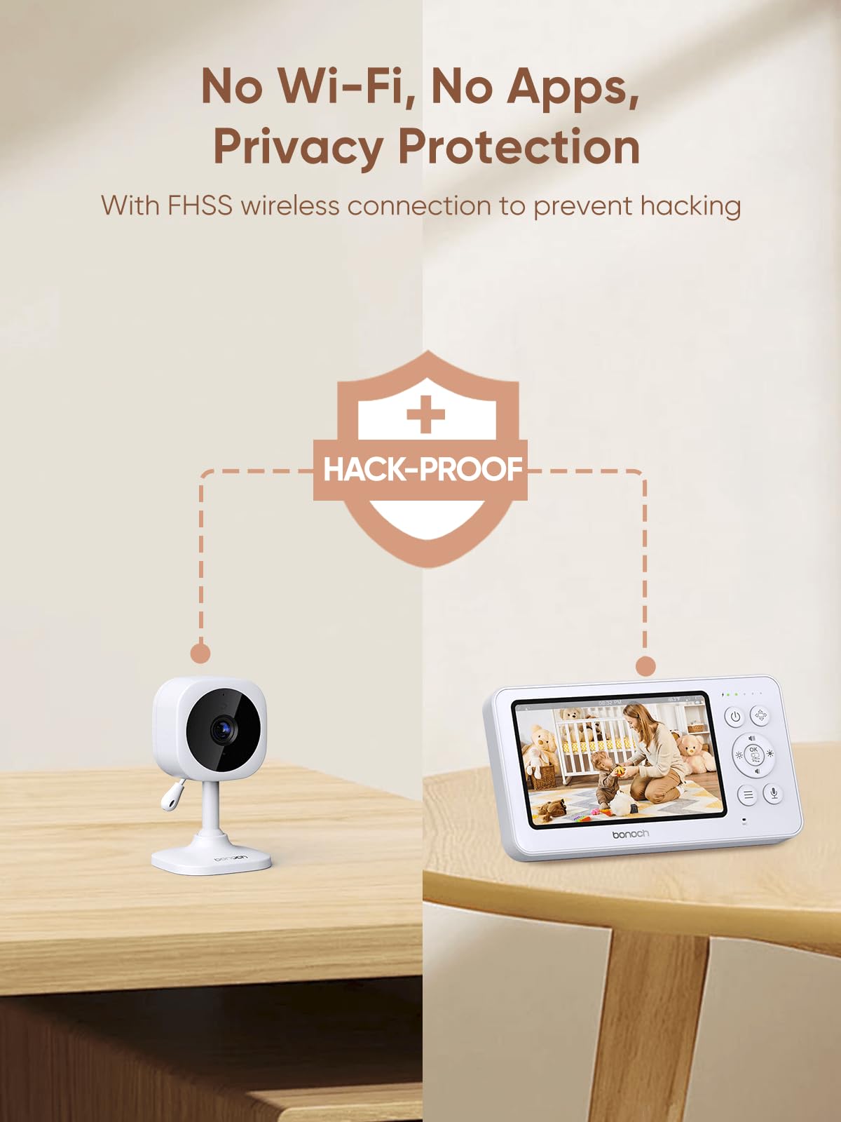 bonoch 4.3" Baby Monitor with 2 Cameras, 720p Split Screen Monitor with Camera and Audio, 28hour Battery, Video Baby Monitor No WiFi, VOX Mode, 2 Way Audio, Auto Night Vision, 2X, 3X, 4X Zoom