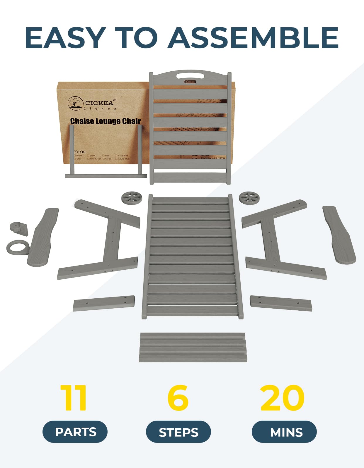 Lounge Chair Outdoor, Oversized Chaise Lounge Chair with 5 Positions, HDPE, Patio Lounge Chair with Wheels & Cup Holder for Pool, Deck, Poolside, Grey