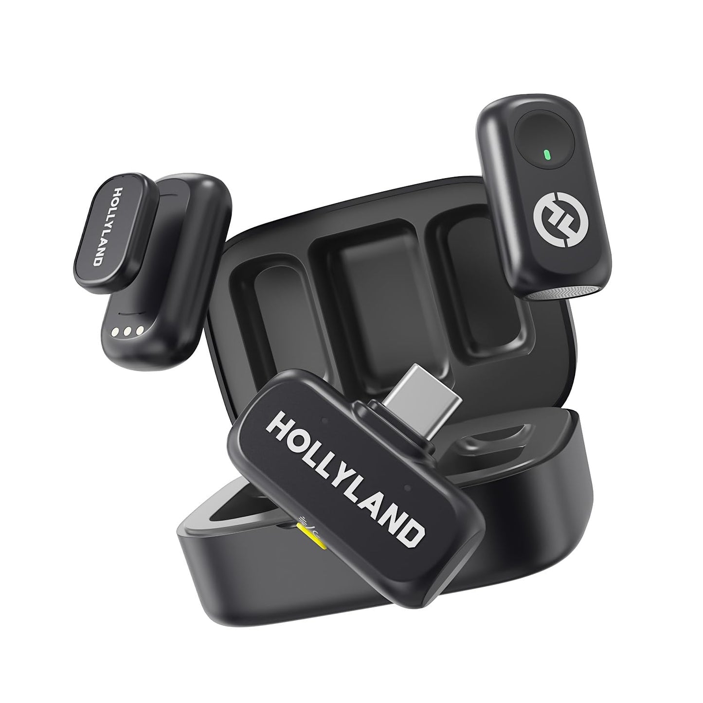 Hollyland Lark A1 Wireless Microphone for iPhone 17/16/15 & Android, 48kHz/24-bit, 3-Level Intelligent Noise Cancel, Mini Mic for YouTube, Podcast, Vlogging (Black, 2TX + USB-C RX + Charging Case)