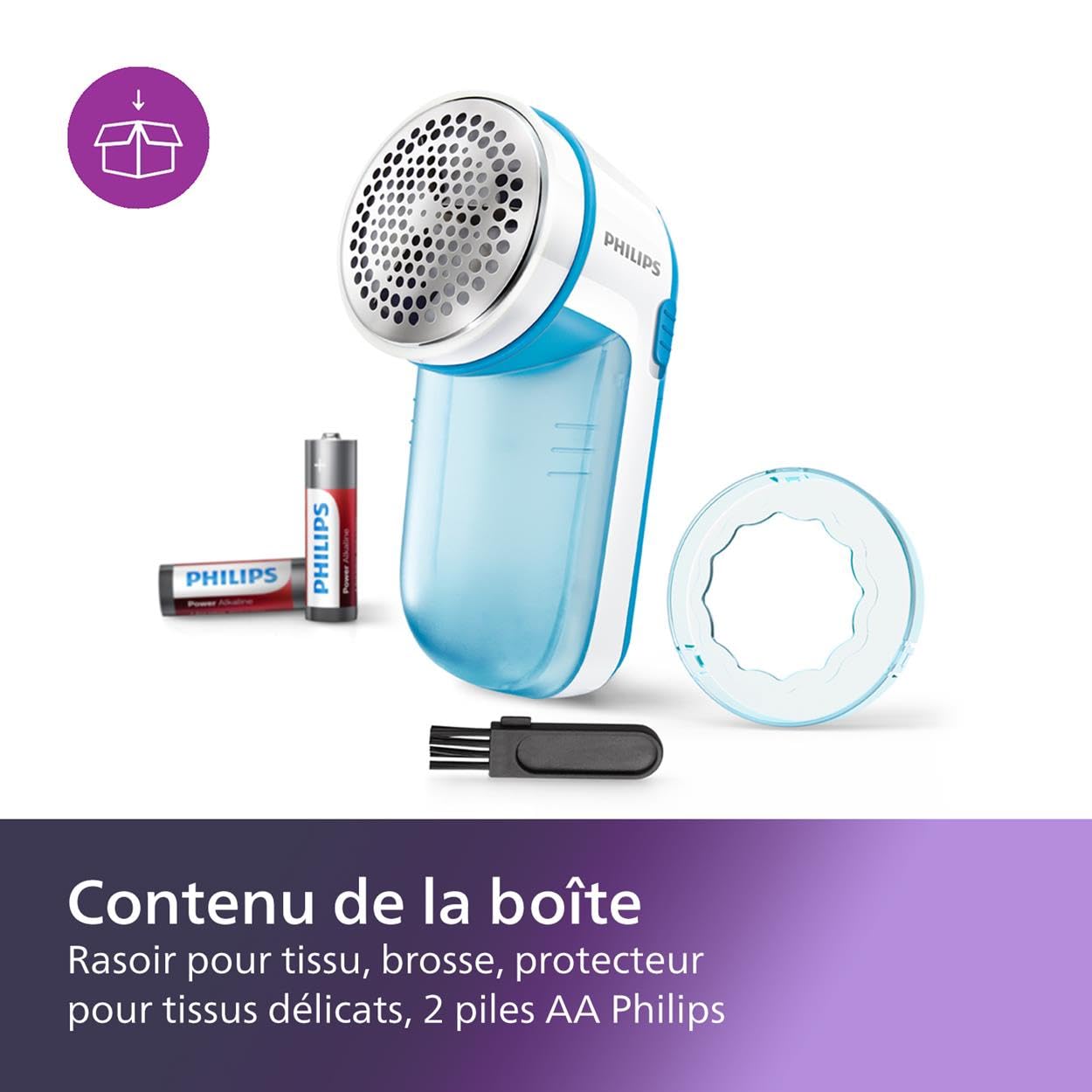 Philips Fabric Shaver, Removes Fabric Pills, Suitable for All Garments, Large Blade Surface, Cleaning Brush, Includes Batteries, Blue (GC026/00)