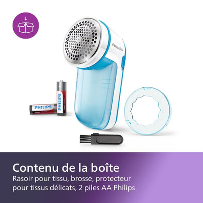 Philips Fabric Shaver, Removes Fabric Pills, Suitable for All Garments, Large Blade Surface, Cleaning Brush, Includes Batteries, Blue (GC026/00)