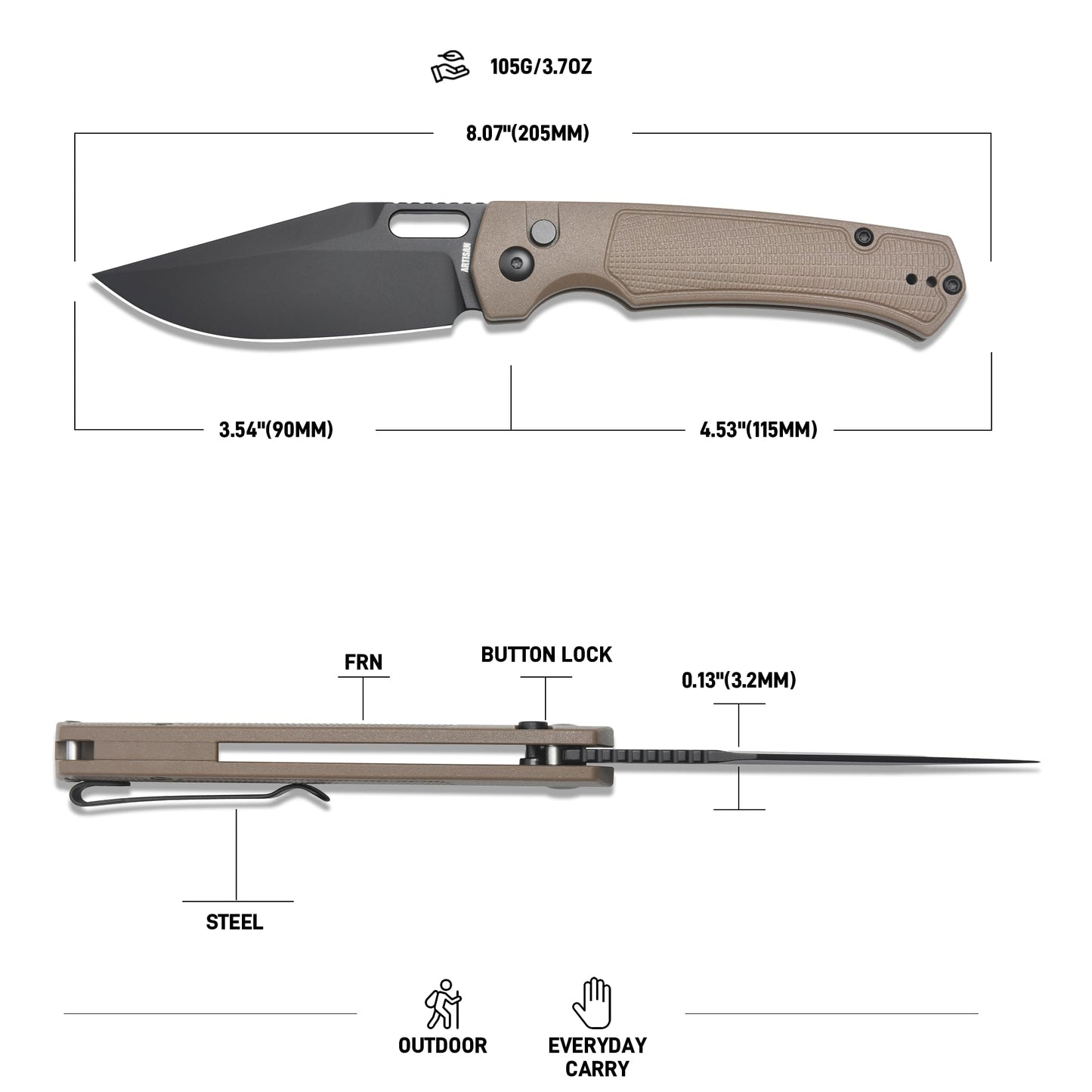 ARTISANCUTLERY REVEL Pocket Knife for Men, 3.54'' AR-RPM9 Steel Blade Folding Knife with Pocket Clip for Men Women Camping Hiking(1867P Brown)