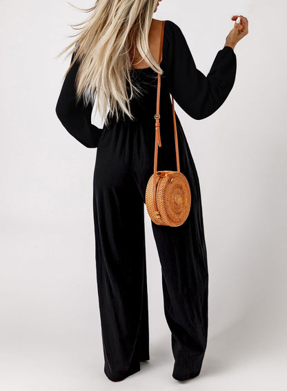 Dokotoo Loose Jumpsuits for Women Overalls Oversized Solid Color Wide Leg One Piece Long Sleeve jumpsuit Long Pant Romper with Pockets 2025 Fashion Black Large