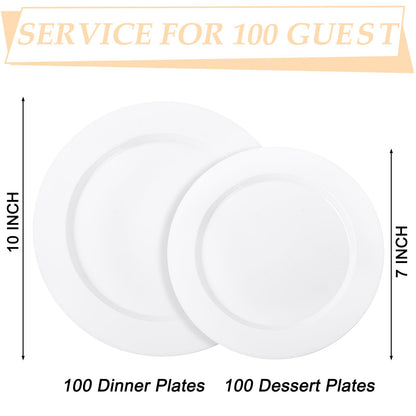 FLOWERCAT 200PCS White Plastic Plates Disposable Plates for Party - Heavy Duty Plastic Plates - 100 10" Dinner Plates and 100 7" Salad Plates for Wedding & New Year Parties and Events