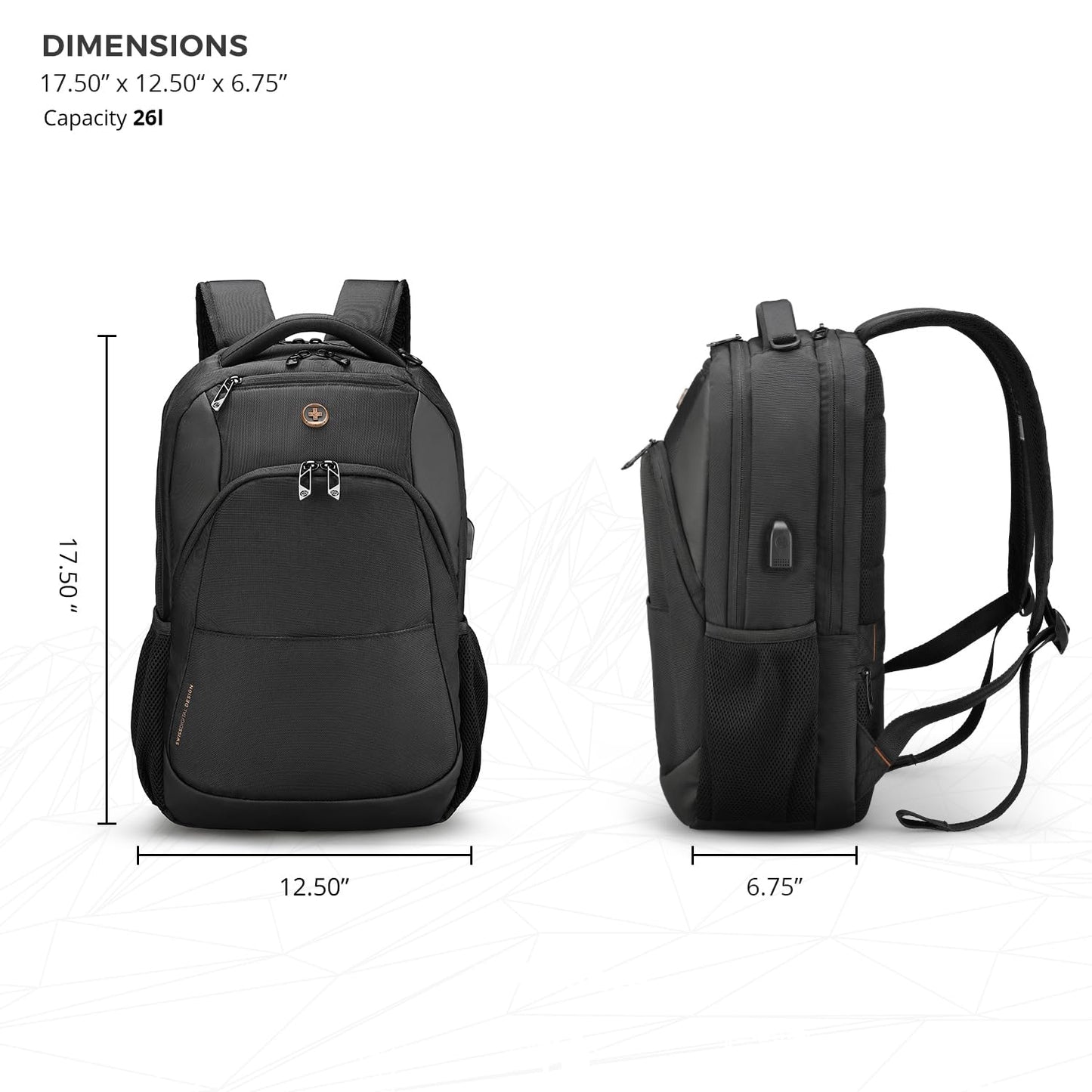 Swissdigital Design Travel Laptop Backpack, College Laptops Backpack with USB Charging Port for Men and Women Fits 16 Inch Notebook, Black | ANDWIL