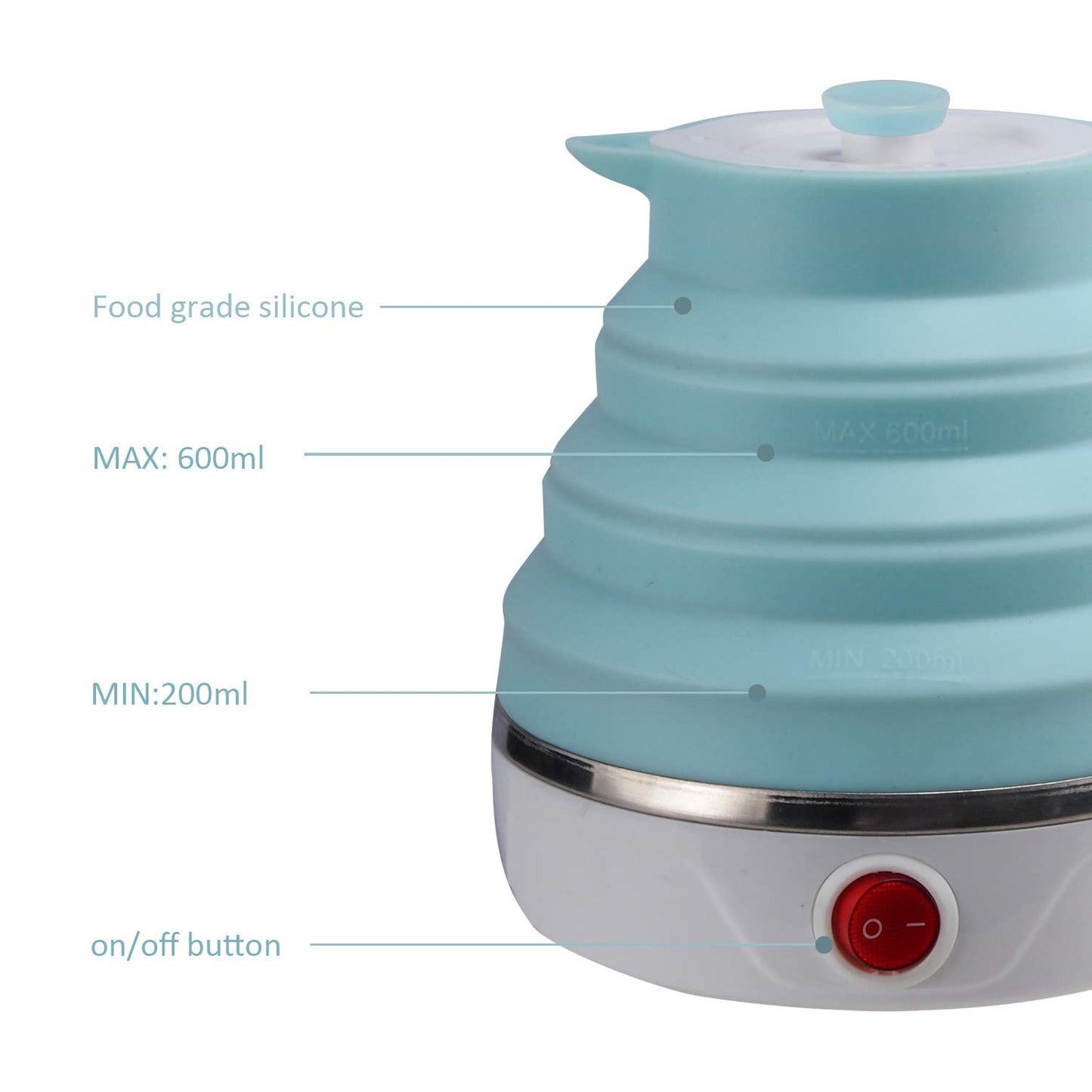 Travel Foldable Electric Kettle, Collapsible Food Grade Silicone Small Kettle Boiling water,Dual Voltage（600ml,110-220V US Plug） (Blue)