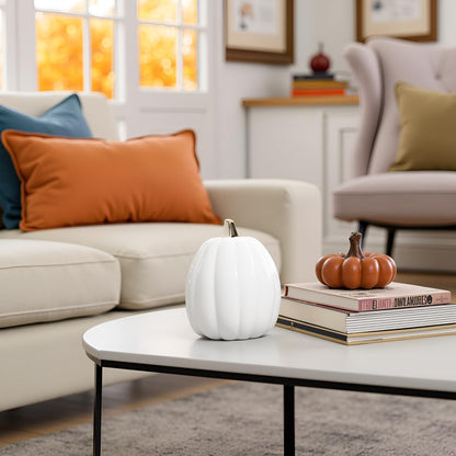 Pearhead White Ceramic Pumpkin with Gold Stem – Elegant Fall Harvest Décor, Modern Autumn Tabletop Accent, Thanksgiving Centerpiece, and Seasonal Home Decoration