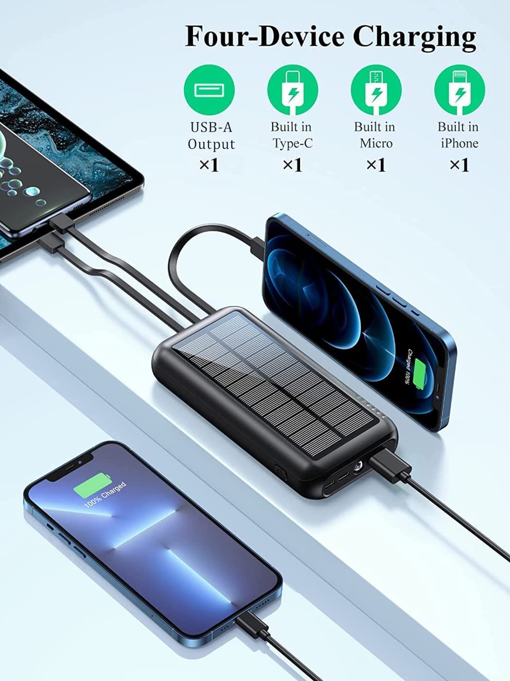 UYAYOHU Power-Bank-Solar-Portable-Charger - 40000mAh Power Bank Large Capacity Built in 3 Output and 1 Input Cables and Flashlight 5V3.1A Fast Charger Compatible with All Smart Phones and Devices