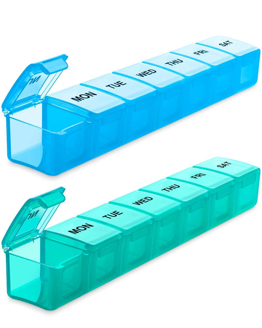 BUG HULL Weekly Pill Organizer Large 2 Packs, Extra Large Travel Pill Organizers, Pill Box 7 Day, Travel Pill Case, Medicine Pill Organizer for Vitamins, Supplements and Medications (Blue+Green)