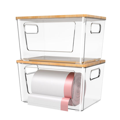 spospo 2 Pack Trash Bag Holder with Bamboo Lid, Stackable Trashbag Dispenser, Extra Large Garbage Bag Holder for Kitchen Laundry Room Under Sink Organization and Storage