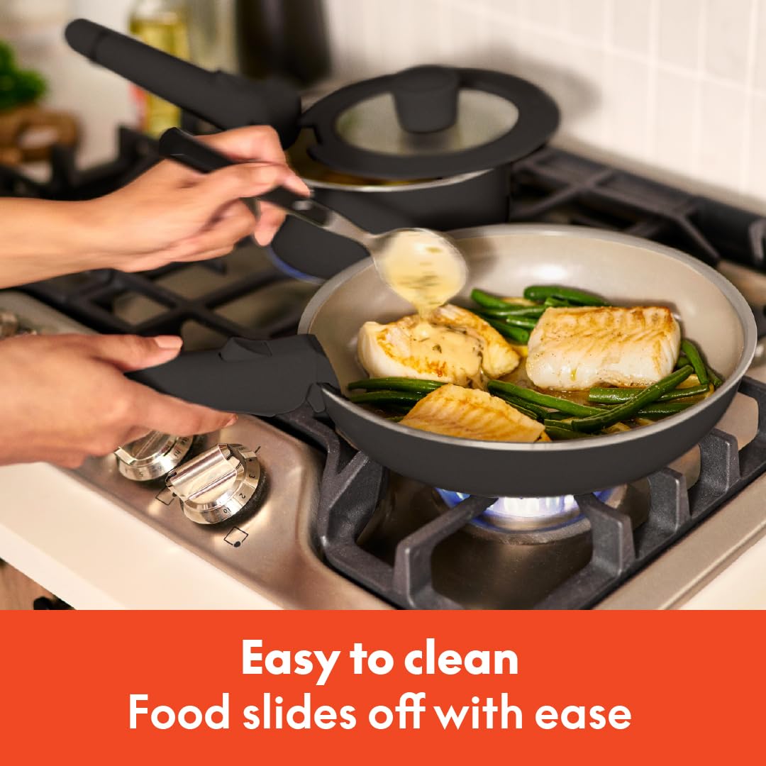 bella 8 Piece Removable Handle Cookware Set, Fits-anywhere™ Kitchenware w EverGood™ Ceramic Nonstick Coating, Dishwasher & Oven Safe, All Stovetops Compatible, Glass Lids with Silicone Rims, Black