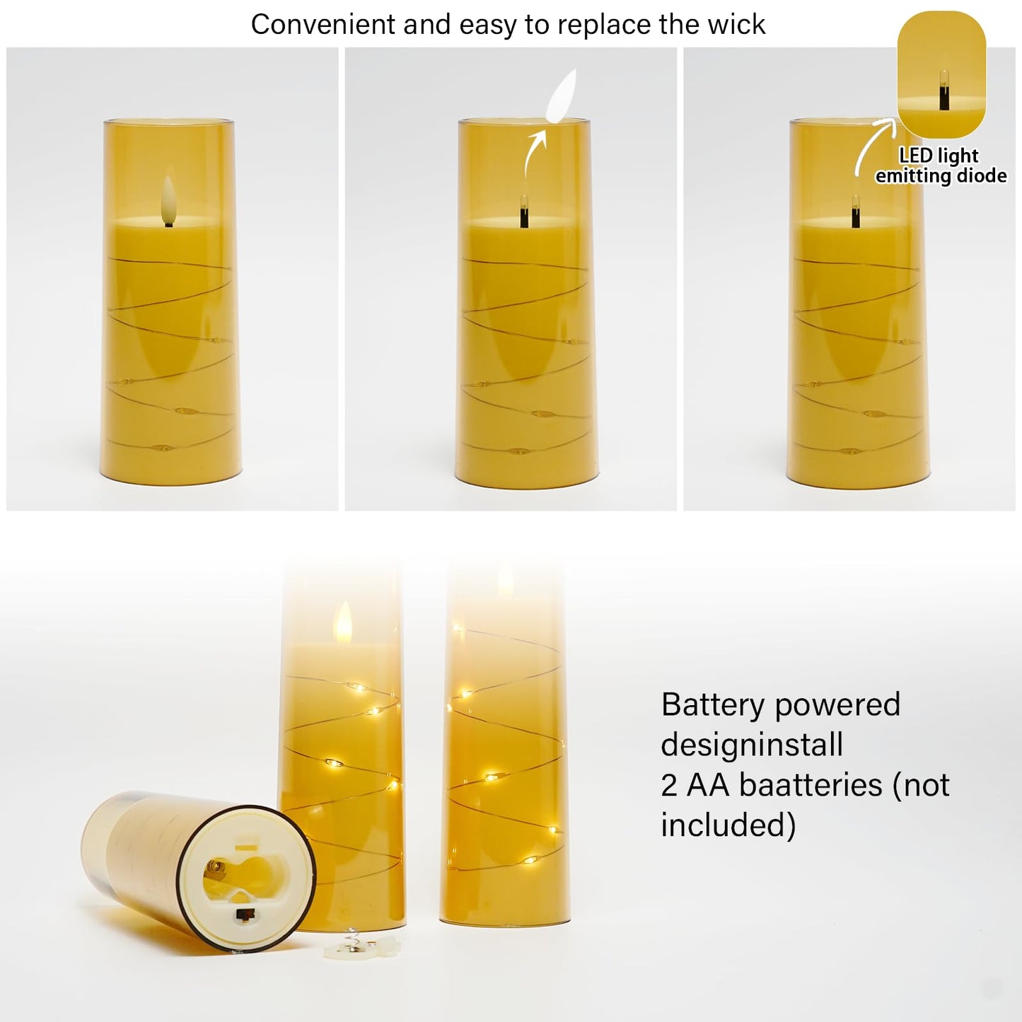 kakoya Flameless LED Candles with Timer 5 Pc Flickering Flameless Candles for Romantic Ambiance and Home Decoration Stable Acrylic Shell,with Embedded Star String，Battery Operated Candles（Gold）