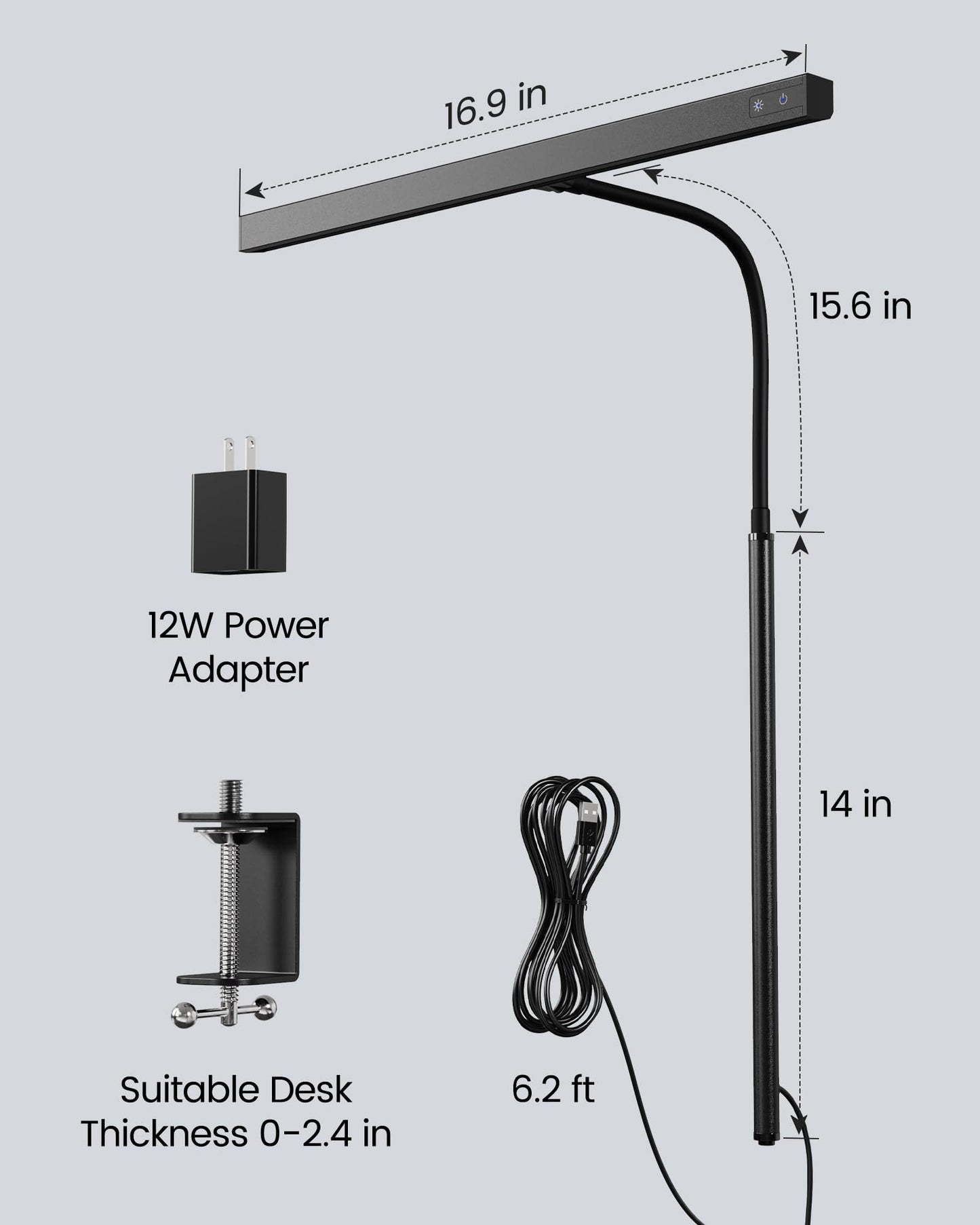 SUPERDANNY LED Desk Lamp for Office Home, Eye-Caring Desk Light with Adjustable Gooseneck, 12W Touch Control Dimmable Brightness, Architect Clamp Lamp with USB Adapter for Reading Study Workbench