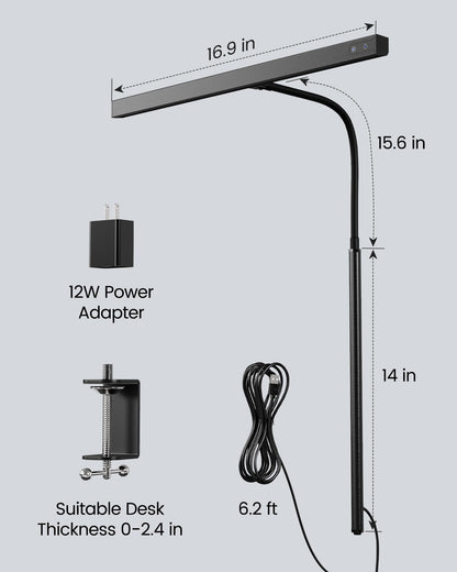 SUPERDANNY LED Desk Lamp for Office Home, Eye-Caring Desk Light with Adjustable Gooseneck, 12W Touch Control Dimmable Brightness, Architect Clamp Lamp with USB Adapter for Reading Study Workbench