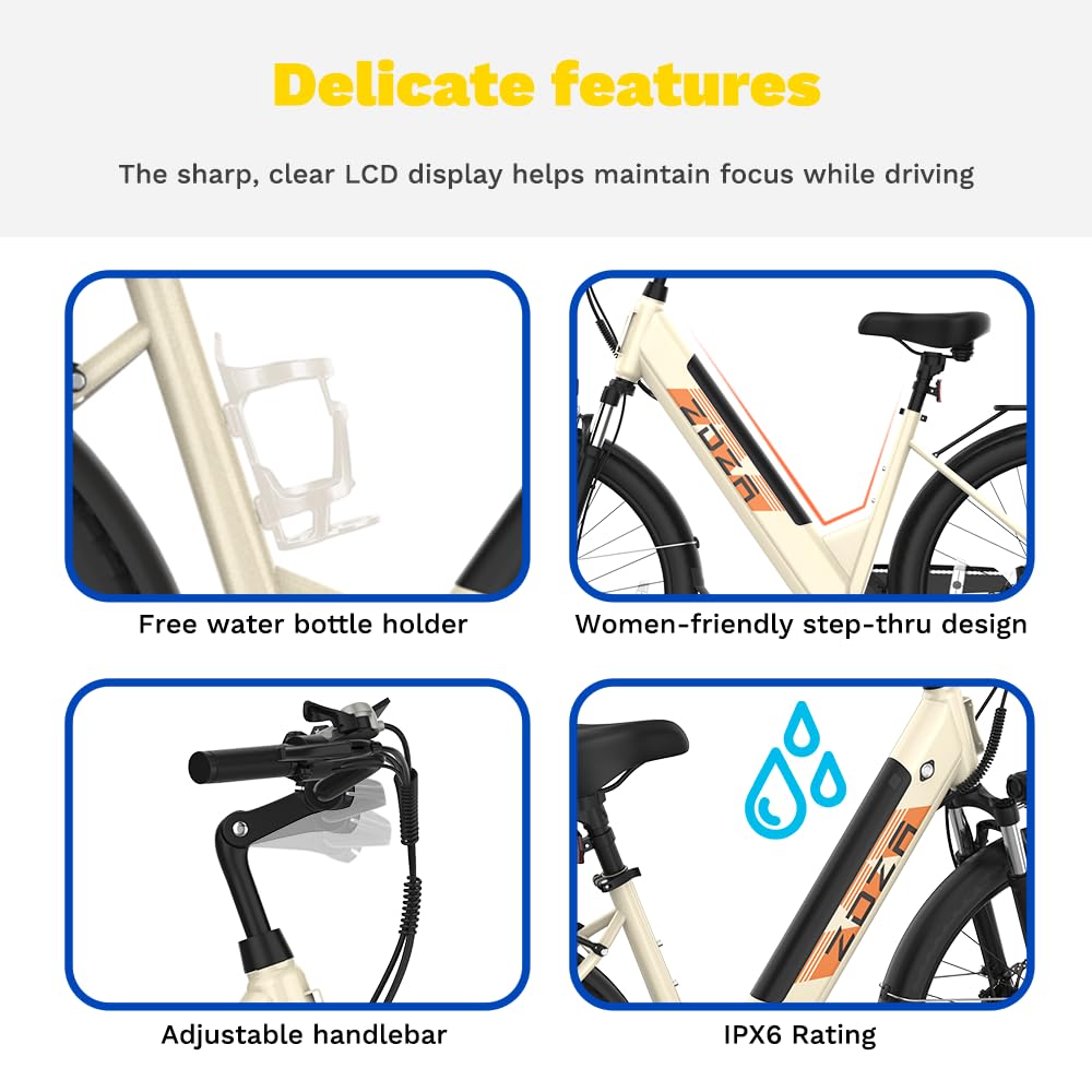 Electric Bike ZA02, 750W Peak Motor, 26'' City Cruiser Ebike, 556Wh Removable Battery, Up to 65 Mi Range 22 MPH, 7-Speed and Front Suspension Electric Bike for Adults