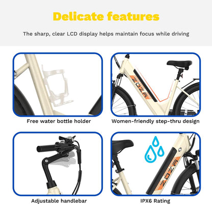 Electric Bike ZA02, 750W Peak Motor, 26'' City Cruiser Ebike, 556Wh Removable Battery, Up to 65 Mi Range 22 MPH, 7-Speed and Front Suspension Electric Bike for Adults