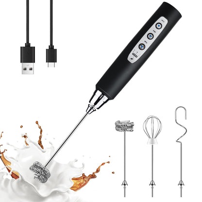 YUSWKO Black Handheld Milk Frother Wand for Coffee, Rechargeable Electric Whisk with 3 Heads 3 Speeds Drink Mixer Coffee Frother For Latte, Cappuccino, Hot Chocolate, Egg