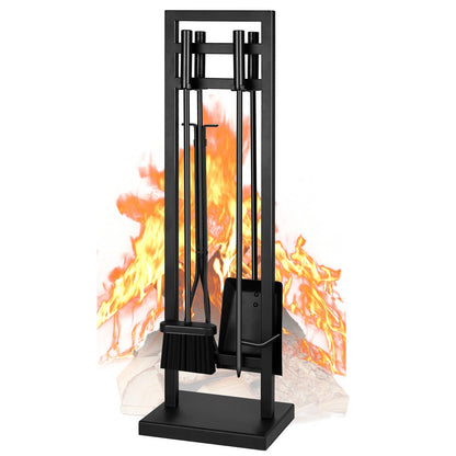 FEED GARDEN Fireplace Tools Set 5 Pieces, 30 Inch Modern Wrought Iron Outdoor Fireplace Accessories Set Long Holder Indoor with Poker, Tongs, Shovel, Brush, Base Black