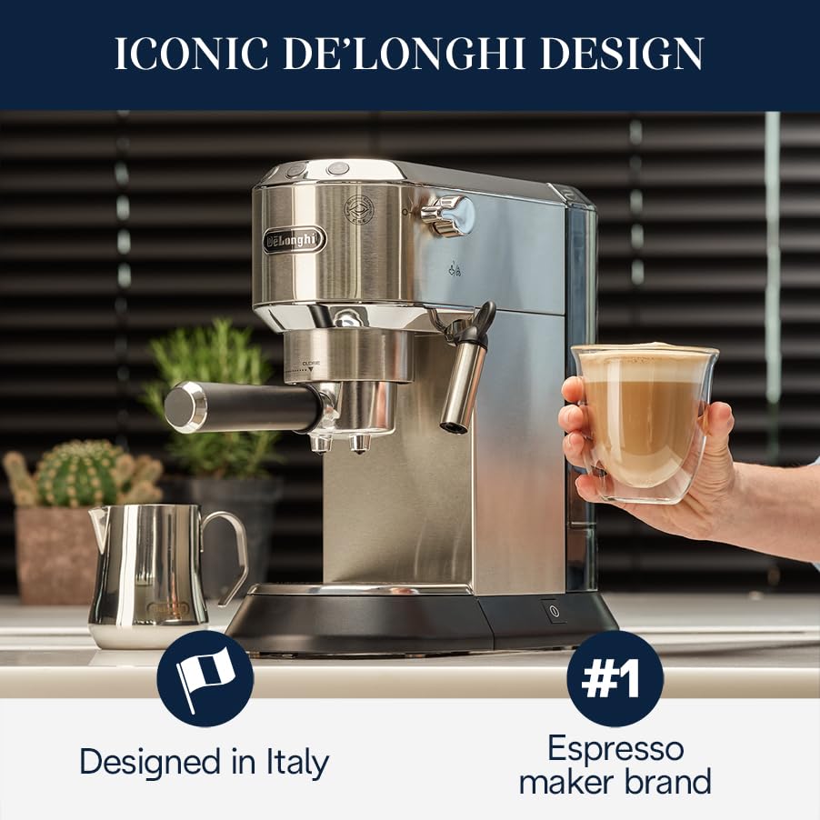 De'Longhi Dedica EC680M, Espresso Machine, Coffee and Cappucino Maker with Milk Frother, Metal / Stainless, Compact Design 6 in Wide, Fit Mug Up to 5 in