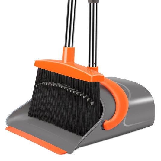 Broom and Dustpan Set for Home, Broom and Dustpan Combo for Office, Long Handle Broom with Upright Standing Dustpan,Indoor&Outdoor Sweeping (Gray&Orange)