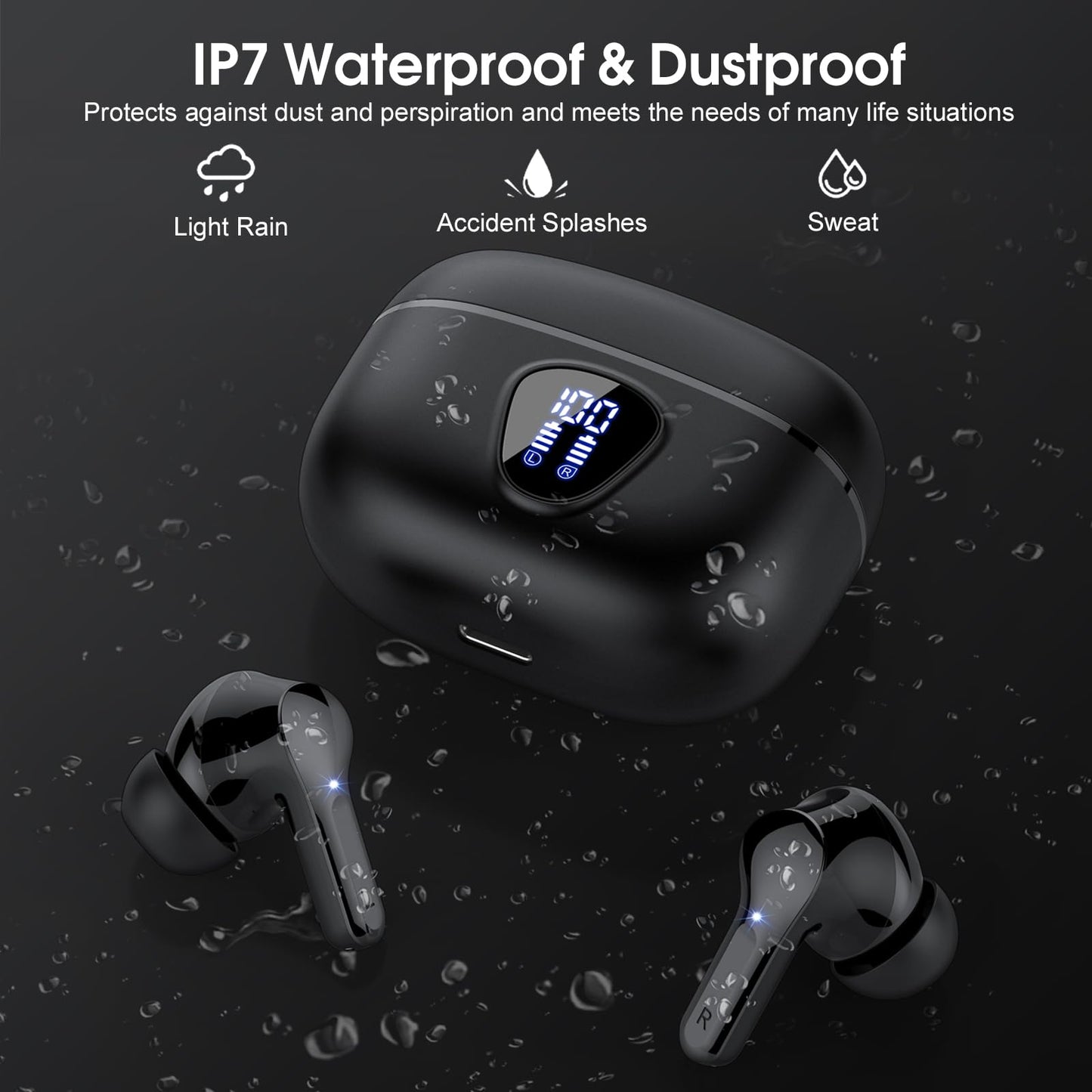 Wireless Earbuds, Bluetooth 5.4 Headphones HiFi Stereo, Bluetooth Earbuds with ENC Noise Cancelling Mic, IP7 Waterproof in Ear Earphones, 48H, LED Display Ear buds for Pad Workout Sports, Black
