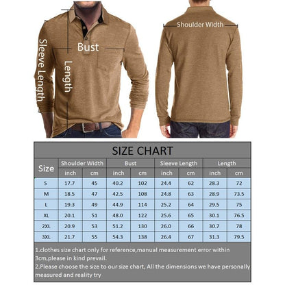 Men's Casual Polo Shirts Classic Button Basic Long Sleeve Shirt Solid Color Cotton Tees Stylish Tops Blue