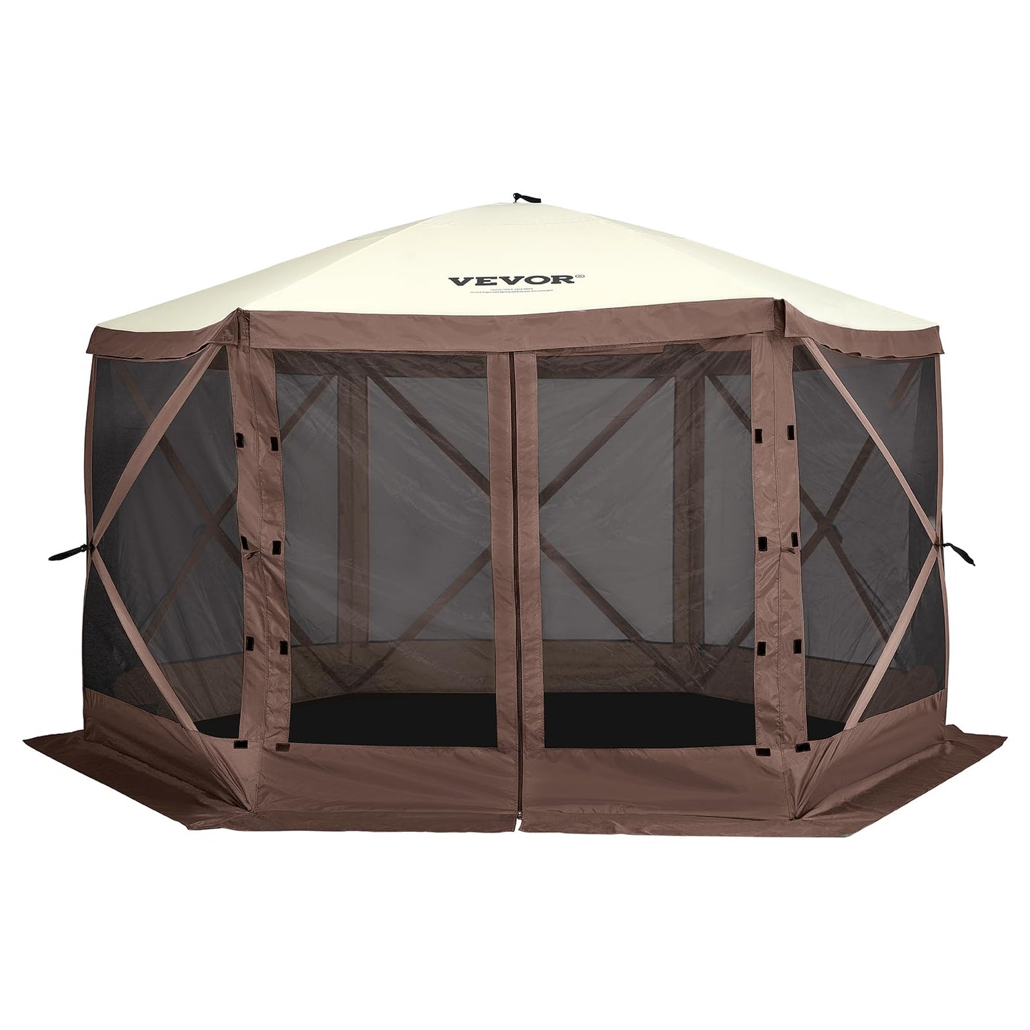 VEVOR Pop Up Gazebo Screen Tent 6 Sided Canopy Sun Shelter with 6 Removable Privacy Wind Cloths & Mesh Windows, 11.5x11.5FT Quick Set Screen Tent with Mosquito Netting, Brown