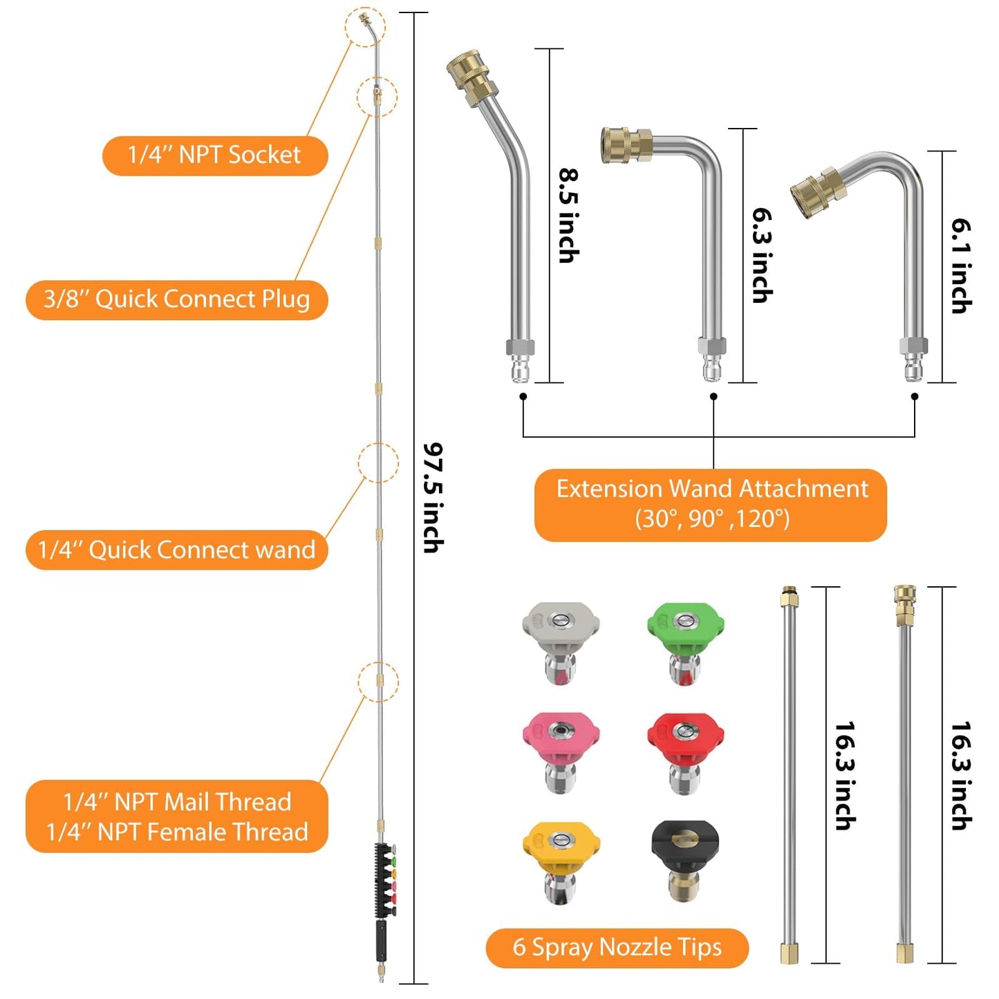 Sealegend 8FT Pressure Washer Extension Wand for Gutter Cleaning, Upgrade Power Washer Accessories with 6 Spray Nozzle Tips, 3 Gutter Cleaner Attachments Curved Rod, 1/4" Quick Connect, 4000 PSI